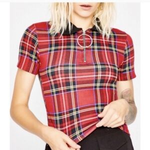 Red plaid cropped polo school girl top Small